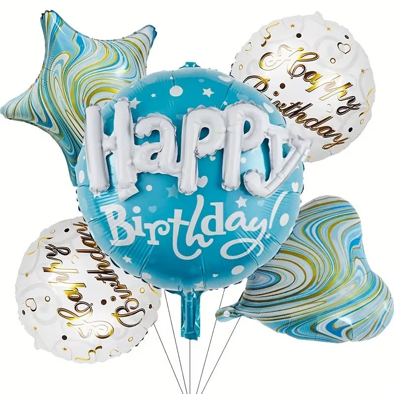 5pcs 22 Inch Round Happy Letter Assembled Agate Printed Heart Five-Pointed Star Foil Balloon Set