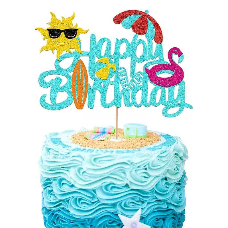 1 Summer Beach Theme Cake Topper - "Happy Birthday" with Sun, Surfboard, Flamingo & Palm Tree Design