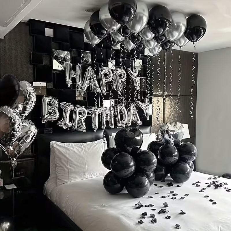 44pcs Birthday Balloon Set, 16inch Silvery Alphabet Balloons, 18inch Black & Silvery Heart Balloons