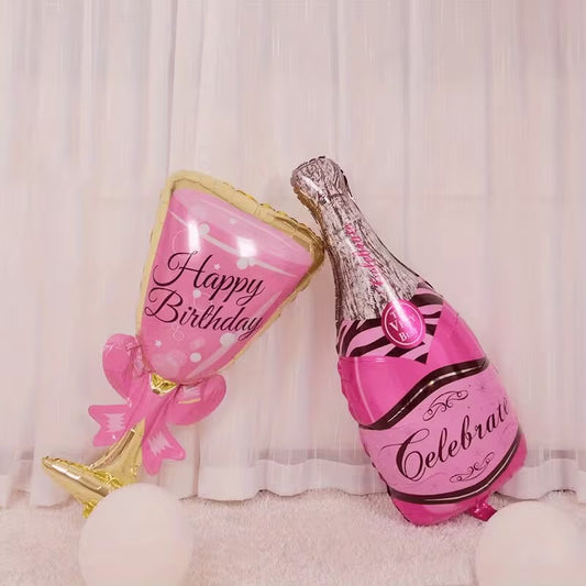 2pcs Pink Champagne Bottle and Wine Glass Foil Balloons