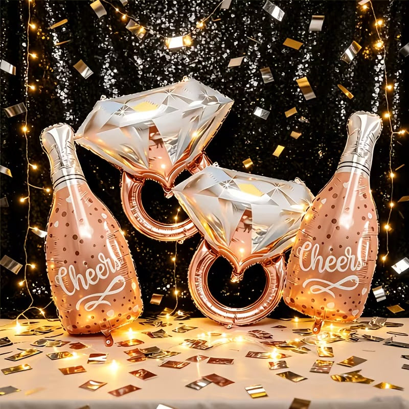 4pcs Rose Golden Diamond Balloon and Champagne Flute Balloon Set
