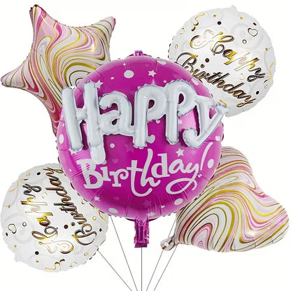 5pcs 22 Inch Round Happy Letter Assembled Agate Printed Heart Five-Pointed Star Foil Balloon Set