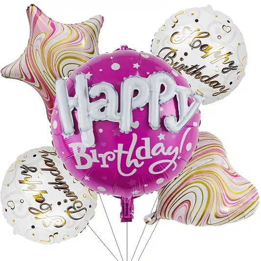 5pcs 22 Inch Round Happy Letter Assembled Agate Printed Heart Five-Pointed Star Foil Balloon Set